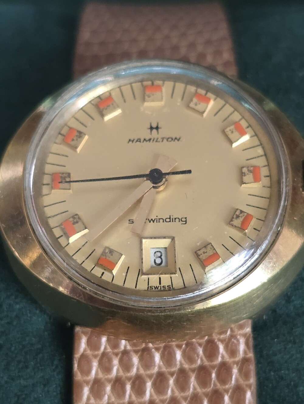 Hamilton Gold-Tone Watch with Cream Dial and Brown Strap